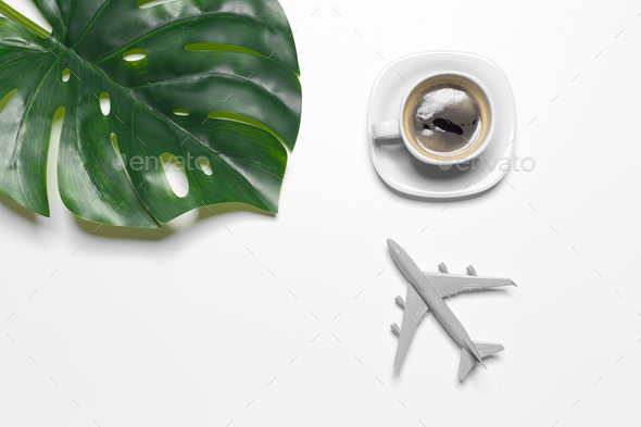 top view coffee cup and monstera leaf - Stock Photo - Images