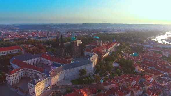 Aerial View of Prague City and Prague Castle, Flight Over the City, Top View