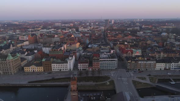 Aerial: Malmö City at Dusk
