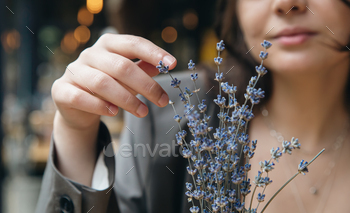 A bouquet of lavender flowers in a cafe on a table on a blurred background.