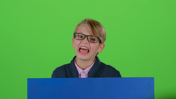 Child Boy in the Glasses Looks Out From Behind a Board and the Curves of the Face on the Green alt
