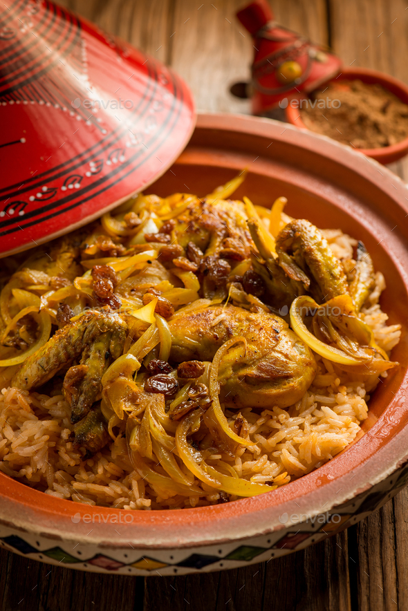 traditional moroccan chicken tajine with rice and vegetables Stock ...