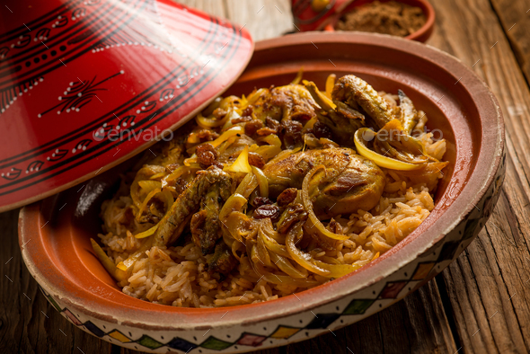 traditional moroccan chicken tajine with rice and vegetables Stock ...