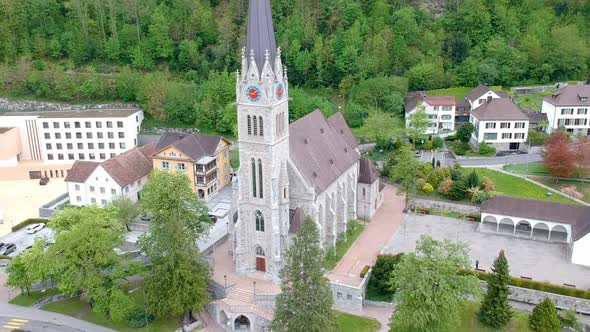 Exterior Of Neo-gothic Church Vaduz Cathedral (Cathedral of St. Florin) In Vaduz, Liechtenstein. aer alt