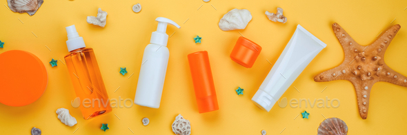 Frame from sunscreens. Flat lay, natural cosmetics, cream with SPF ...