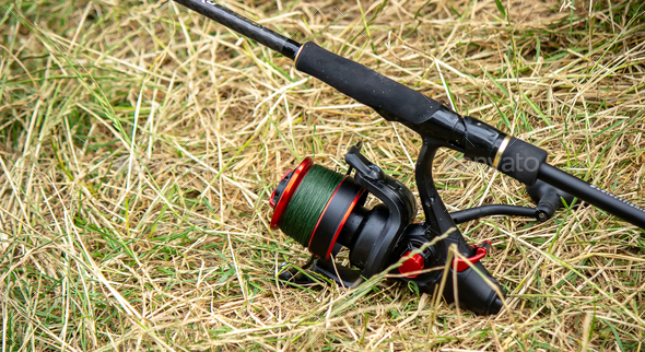 Fishing tackle on the river bank, bait rod, spinning rod, fish. Selective  focus Stock Photo by solovei23