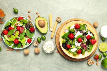 Concept of tasty salad, salad with strawberry, top view