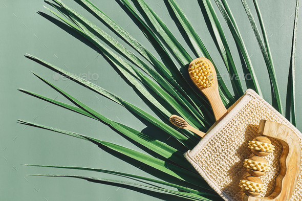 Waste-free bathroom accessories on light green background and palm leaf.