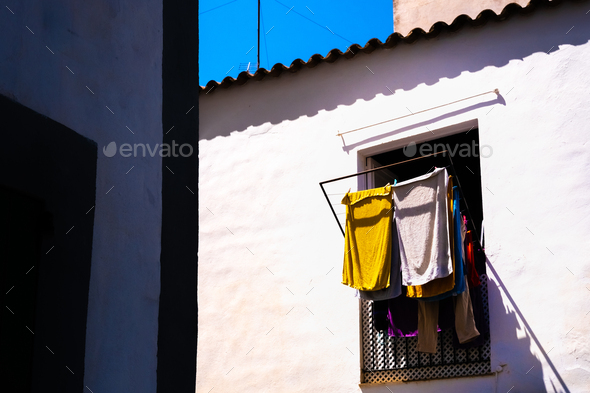 Clothes hung out in the sun to dry on a hot summer day in the Mediterranean