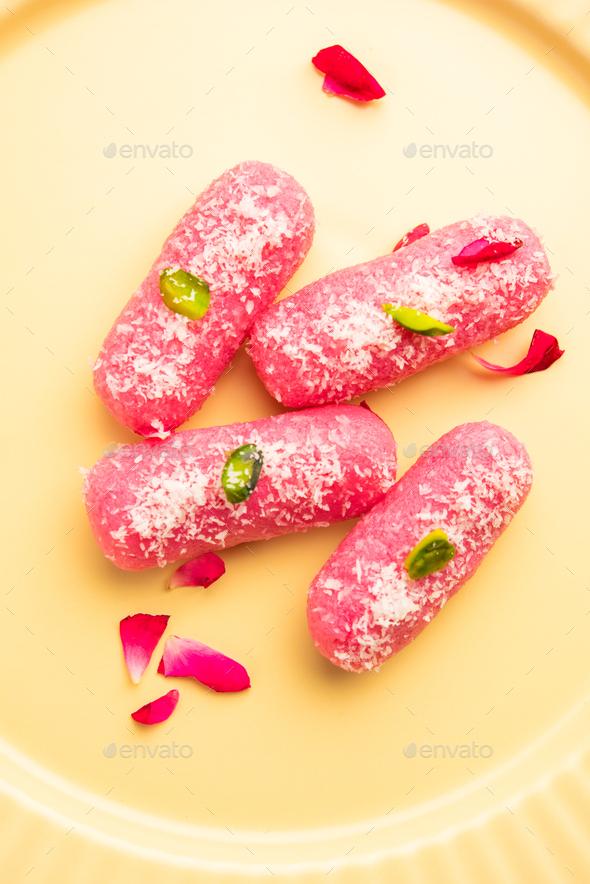 Pink Chumchum or rose flavoured chum chum or cham cham, indian and