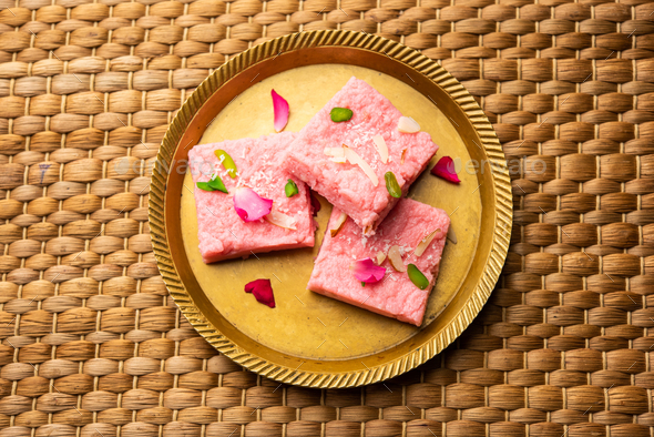 Rose Kalakand pink barfi or burfi also known as flavoured Mishri Mava ...