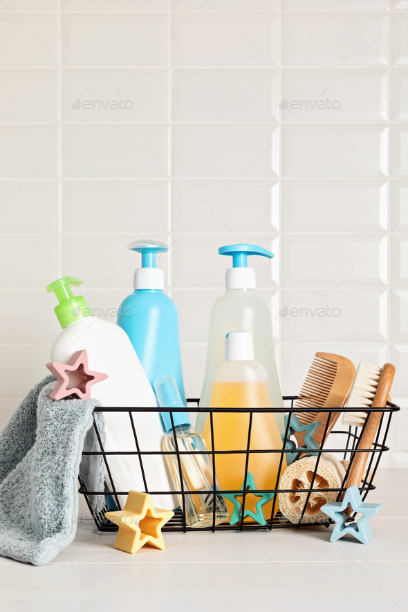 Set of baby toiletries, child organic hygiene and bath accessories Stock Photo by OksaLy