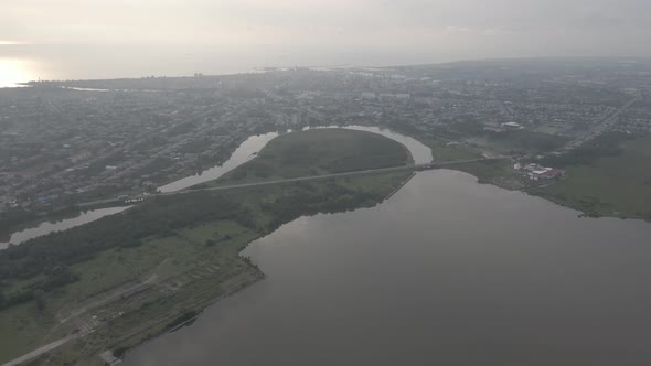 Aerial view of Lake Paliastomi at sunset. Kolkheti National Park, Georgia alt