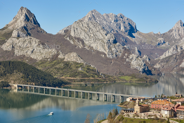 Picturesque mountain and reservoir landscape in Spain. Riano. Castilla Leon - Stock Photo - Images