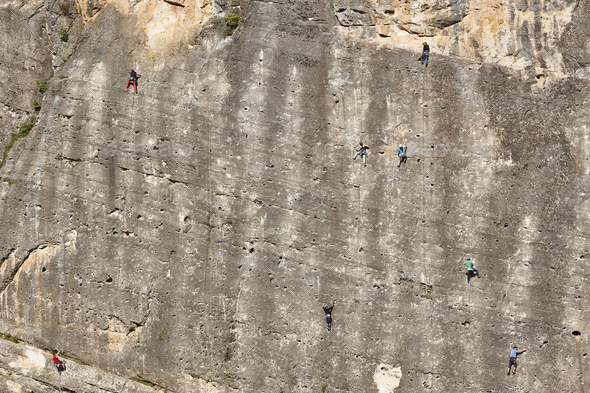 Climbers on a granite wall. Extreme sport. Outdoor mountain activity - Stock Photo - Images