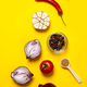 Different ingredients for cooking on yellow background - PhotoDune Item for Sale