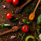 Different cooking ingredients and spices on wooden background - PhotoDune Item for Sale