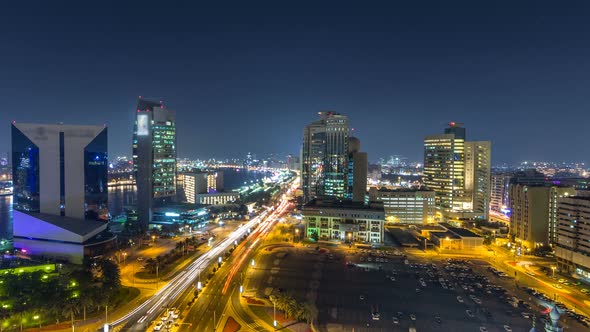 Dubai Creek Landscape Night Timelapse with Boats and Ship Near Waterfront alt