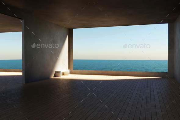 Room with bench and with big window to beautiful view to blue ocean. 3d illustration