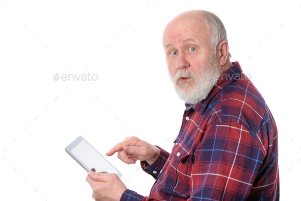 Senior man touching something at tablet computer screen, isolated on white