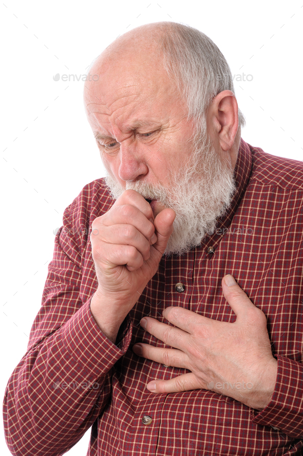 Senior man coughing, isolated on white