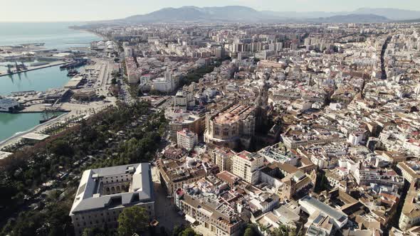 Aerial forward over Malaga historic center, Spain