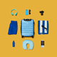 Flat Lay Shot Of Blue Suitcase Unpacked With Holiday Accessories On Yellow Background - PhotoDune Item for Sale