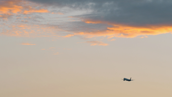 Airplane Flying in the Evening Sky alt
