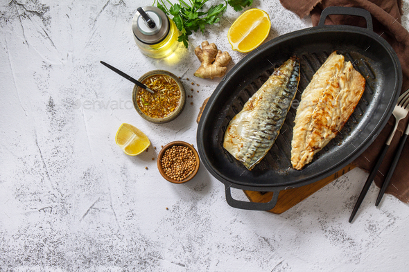 Grilled Baked Mackerel With Ginger Mustard Honey Sauce. Stock Photo By ...