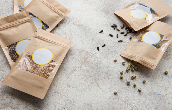 Microgreen seeds in paper bags and equipment for sowing microgreens.