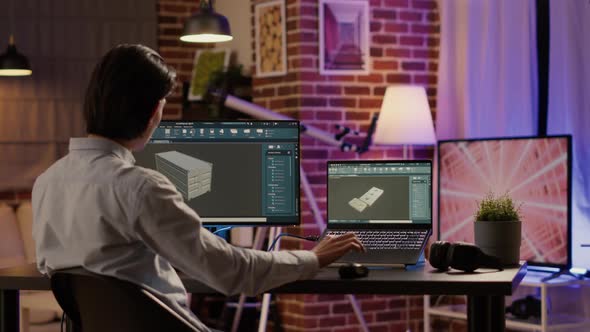 Manufactory Engineer Developing Industrial Product on Creative Software alt