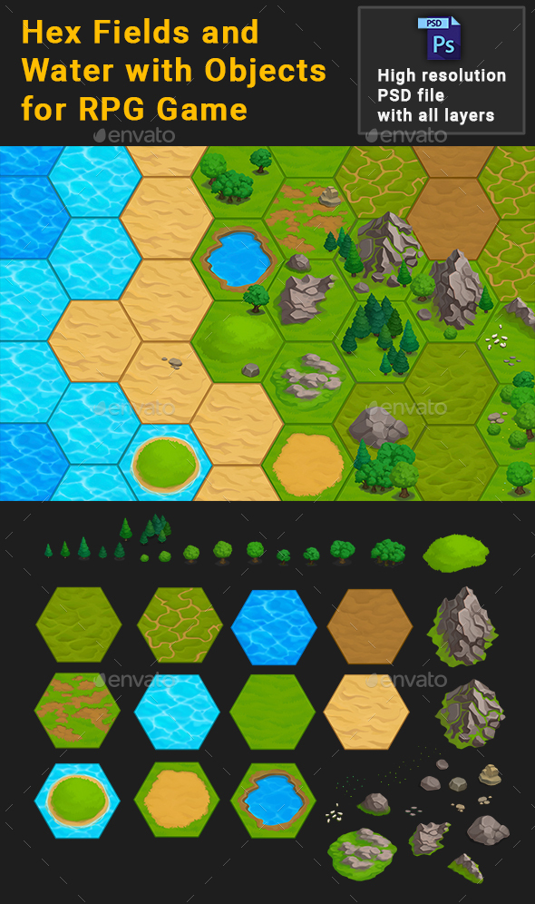 Stylized Hex Fields and Water Basic Set with Objects