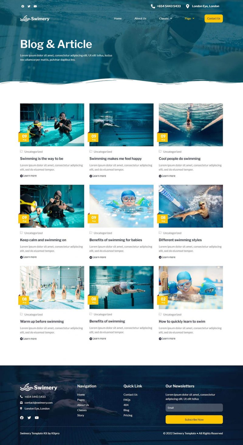 Swimery - Swimming School & Course Elementor Template Kit by Kitpro