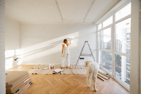 Woman with dog renovating house - Stock Photo - Images
