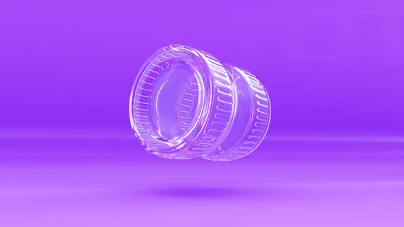 Iridescent glass crystal. Translucent glass cylinder spin on purple background.
