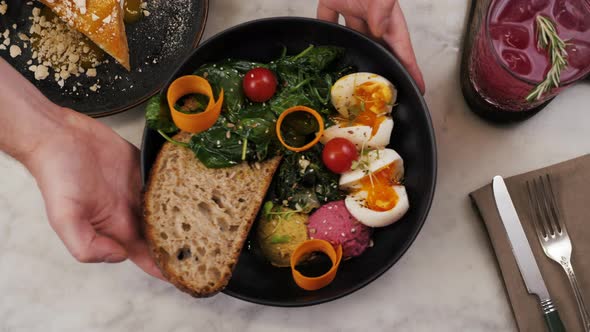 Brunch Breakfast Set of Many Plates with Tasty Vegetarian Food and Cocktail alt