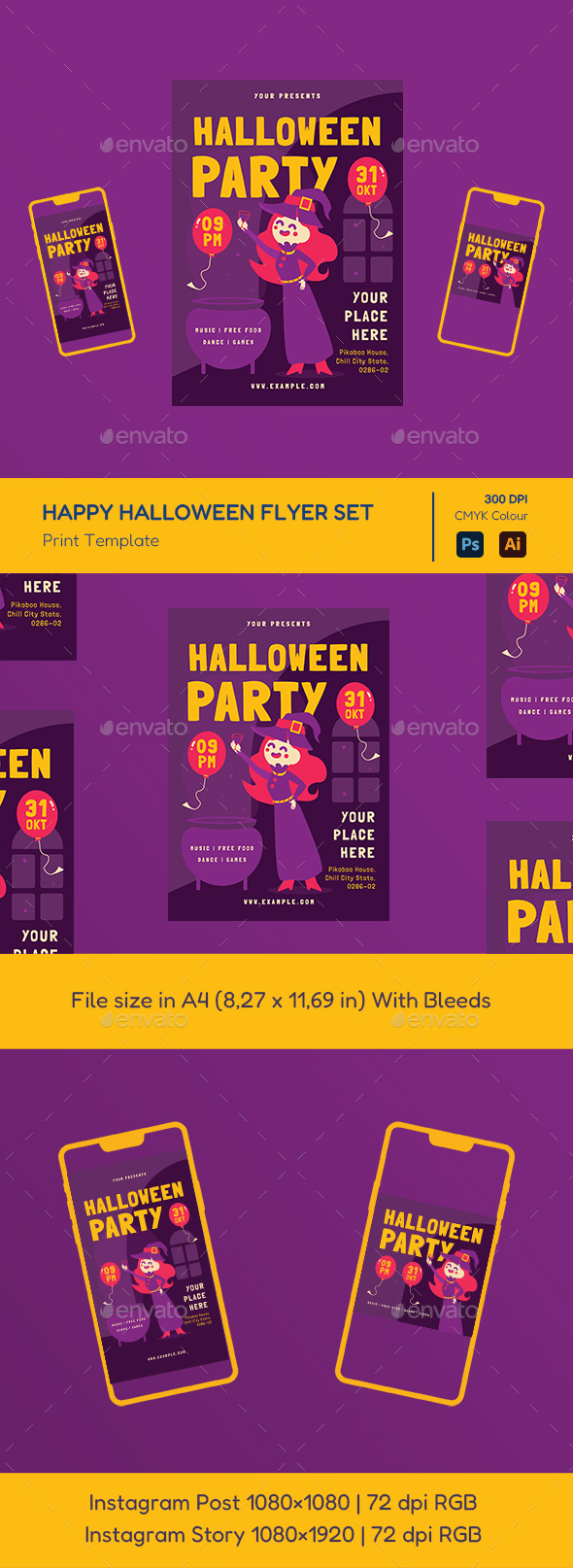 Cute Halloween Party Illustration Flyer Set by seirinartwork | GraphicRiver