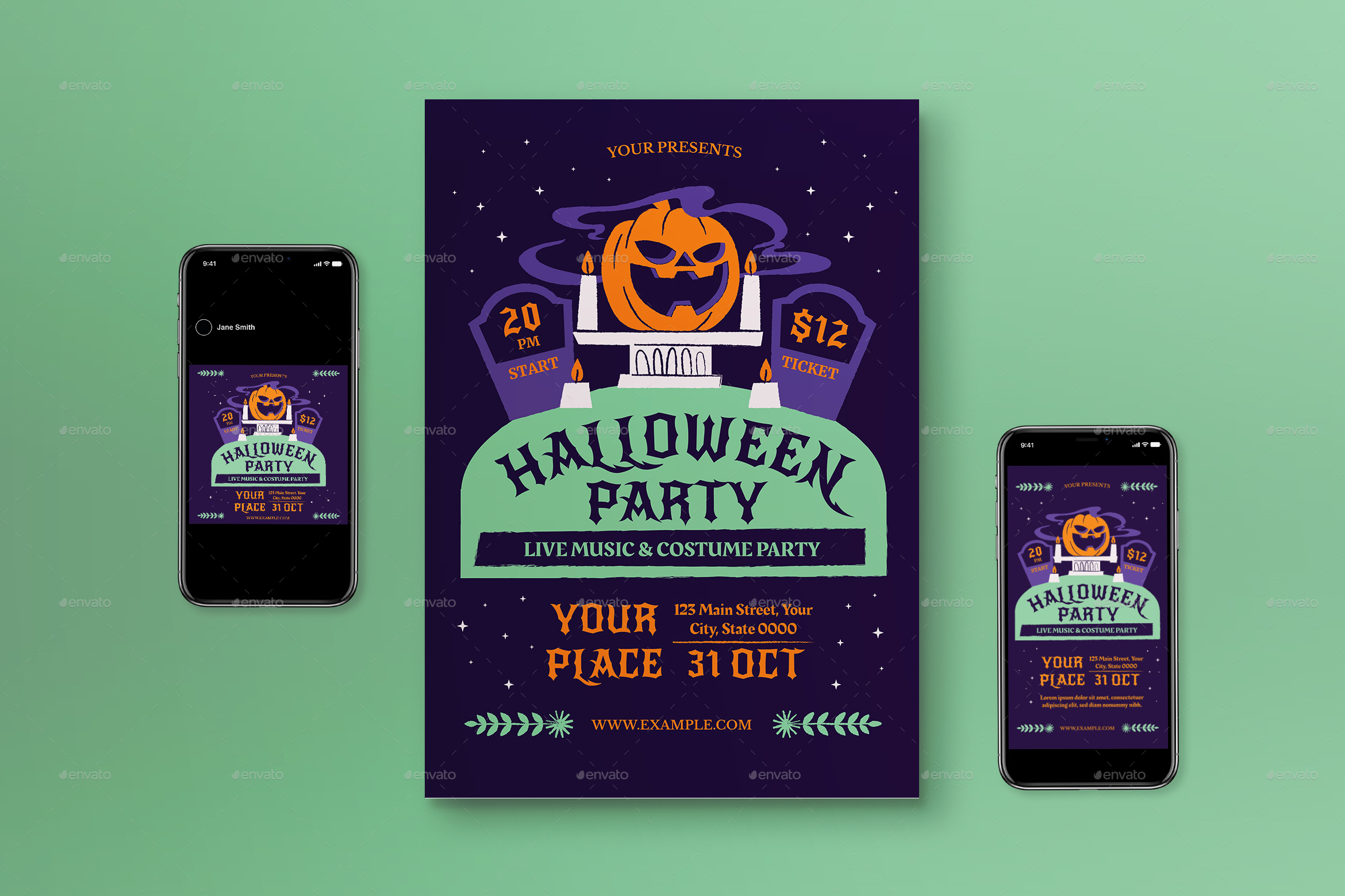 Purple Modern Halloween Party Flyer Set by graphicook | GraphicRiver
