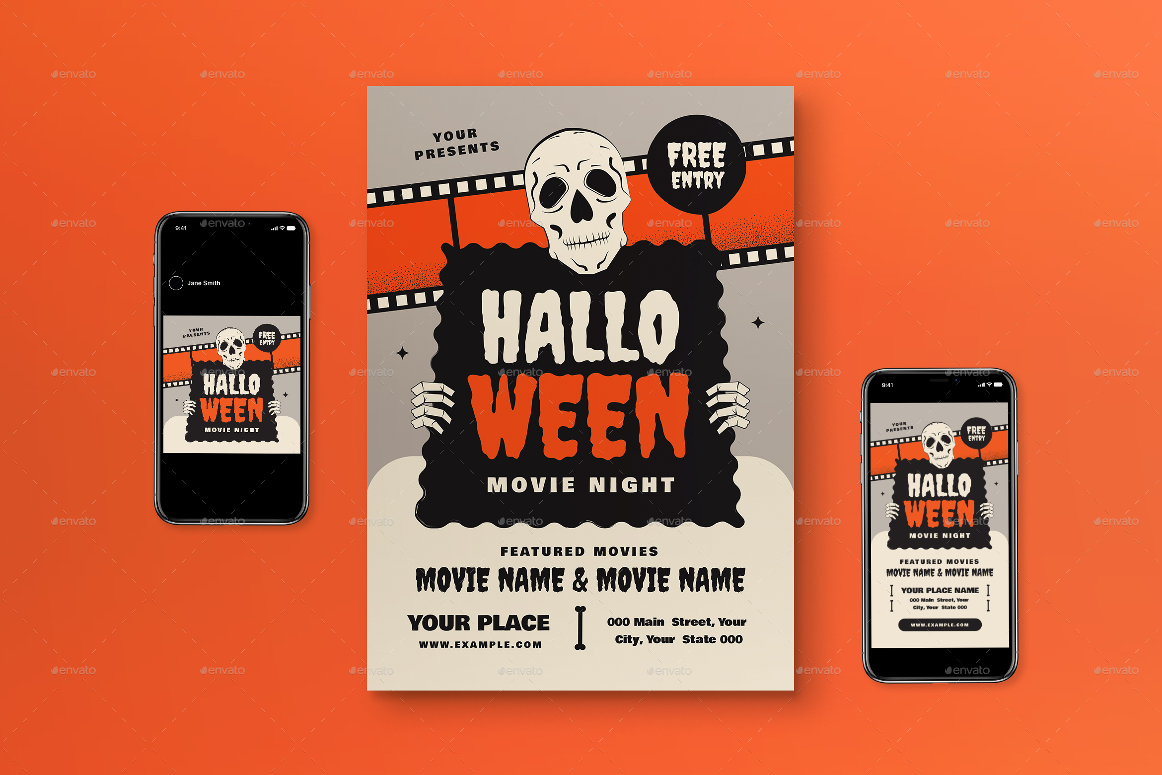 Gray Orange Flat Design Halloween Movie Night Flyer Set, Print Templates