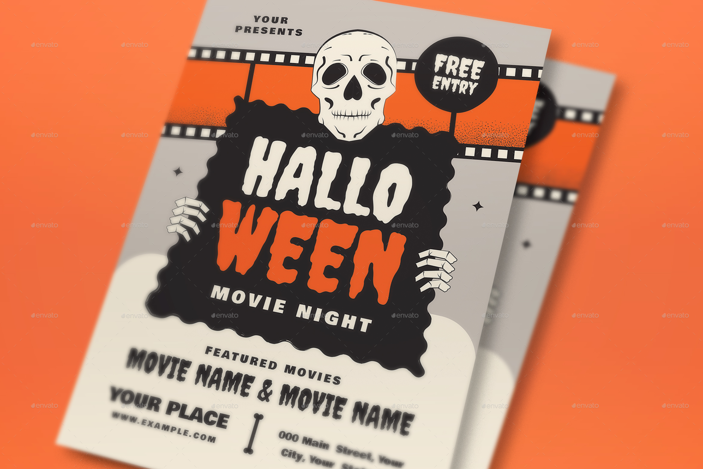 Gray Orange Flat Design Halloween Movie Night Flyer Set by graphicook