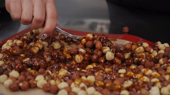 Closeup of Lot of Hazelnuts in Caramel alt