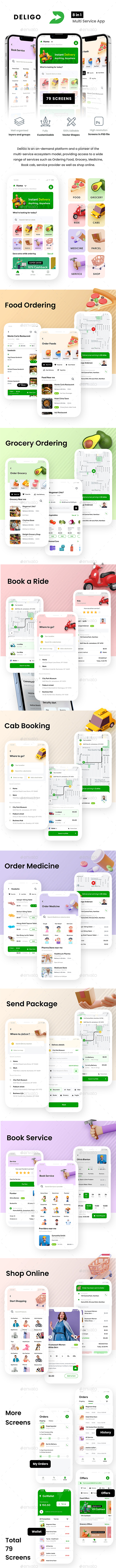 8 in1 Multi-service App UI |Courier, Cab & Home Service Booking App| Delivery & Shopping App| DeliGo