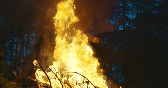 Fire Fighter with Safety Equipment and Axe Extinguishing Fire in Forest at Night alt