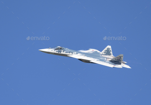 Demonstration of the latest Russian SU-57 fighterof the international aerospace salon MAKS-2019 - Stock Photo - Images
