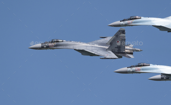  Aerobatic teams Falcons Russia on planes Su-30 of the international aerospace salon MAKS-2019 - Stock Photo - Images