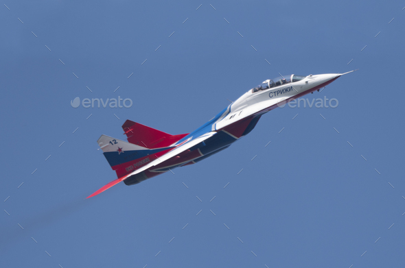 aerobatic team swifts  perfoming demonstration flight of the international aerospace salon MAKS-2019 - Stock Photo - Images