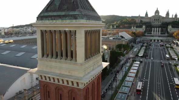 Venetian Towers and National Art Museum of Catalonia in Barcelona Aerial alt