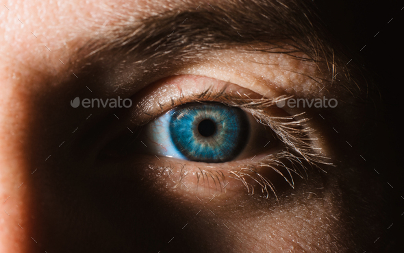 Close-up of blue male eye, detailed macro photograph of retina and vision of human eyeball - Stock Photo - Images