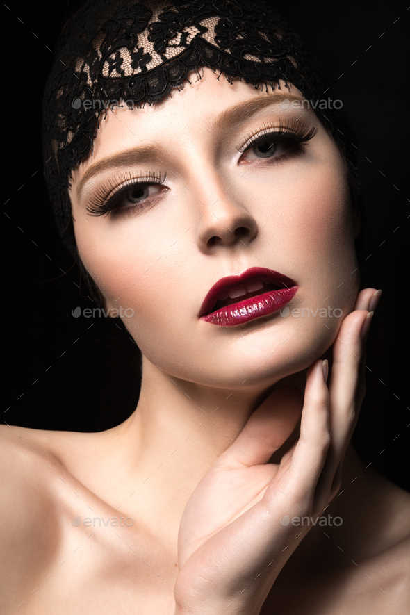 Beautiful Dark Haired Girl With Long Eyelashes Red Lips And Lace On