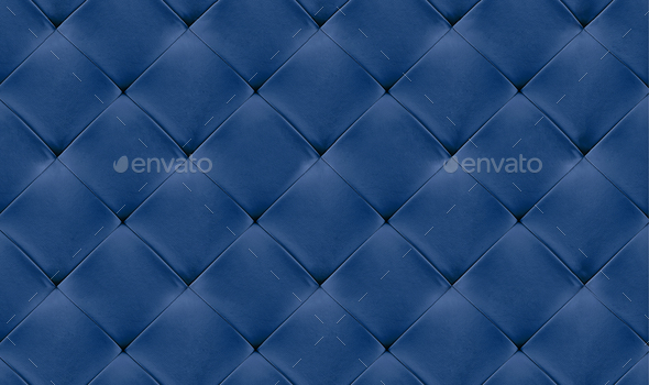 Blue natural leather background, classic checkered pattern for furniture, wall, headboard - Stock Photo - Images